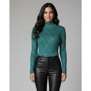 Lauren Michelle Metallic Green Sequin Knit Top - Mock Neck Party Blouse - Size S